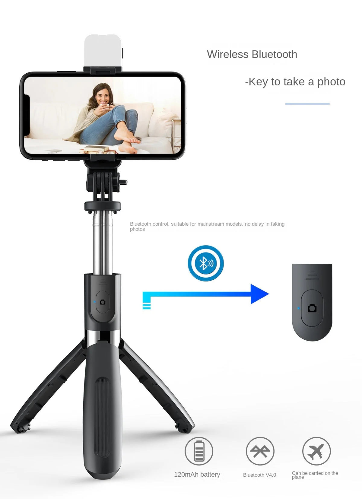 Bluetooth Wireless Selfie Stick Tripod Extendable With Flash Light